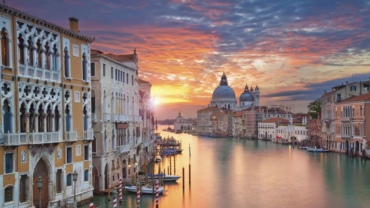 Sunset photo over the canal in Venice, Italy