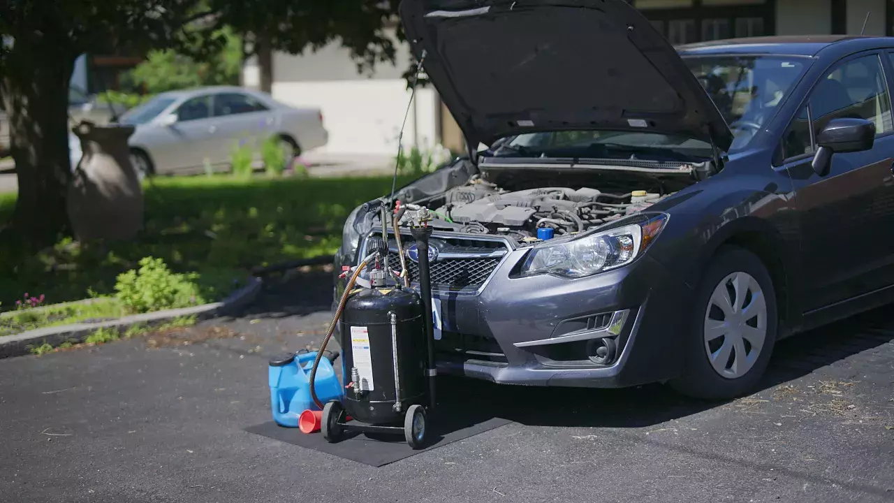 vehicle getting serviced with an at home oil change