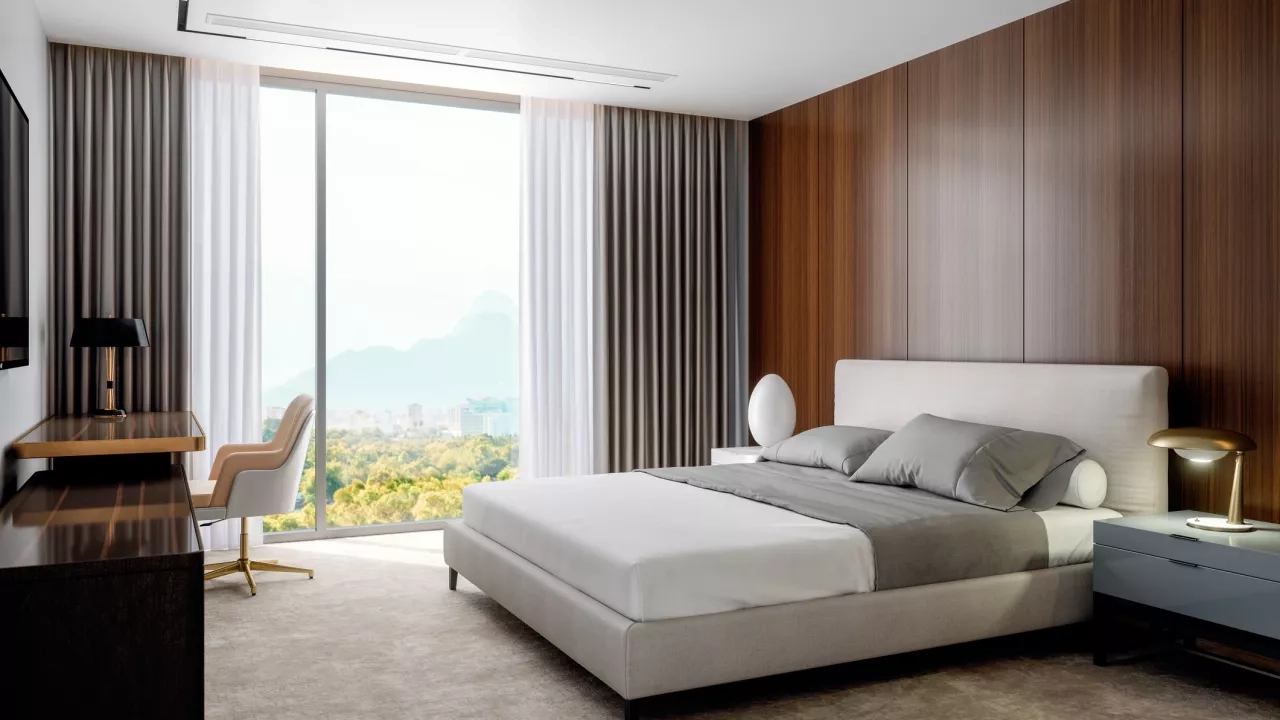 Modern hotel room with wood panel walls