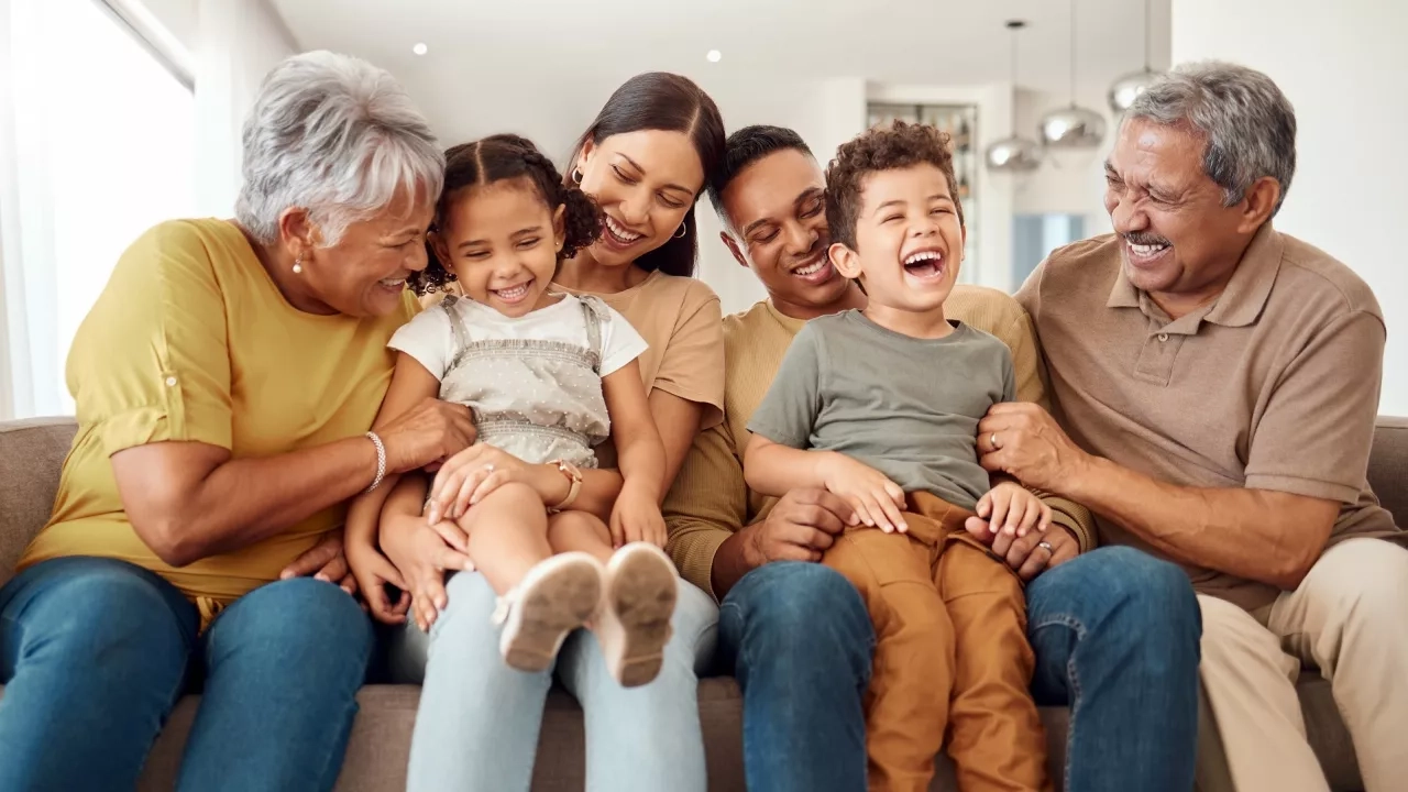 Happy big family with grandparents parents and kids spending quality time together