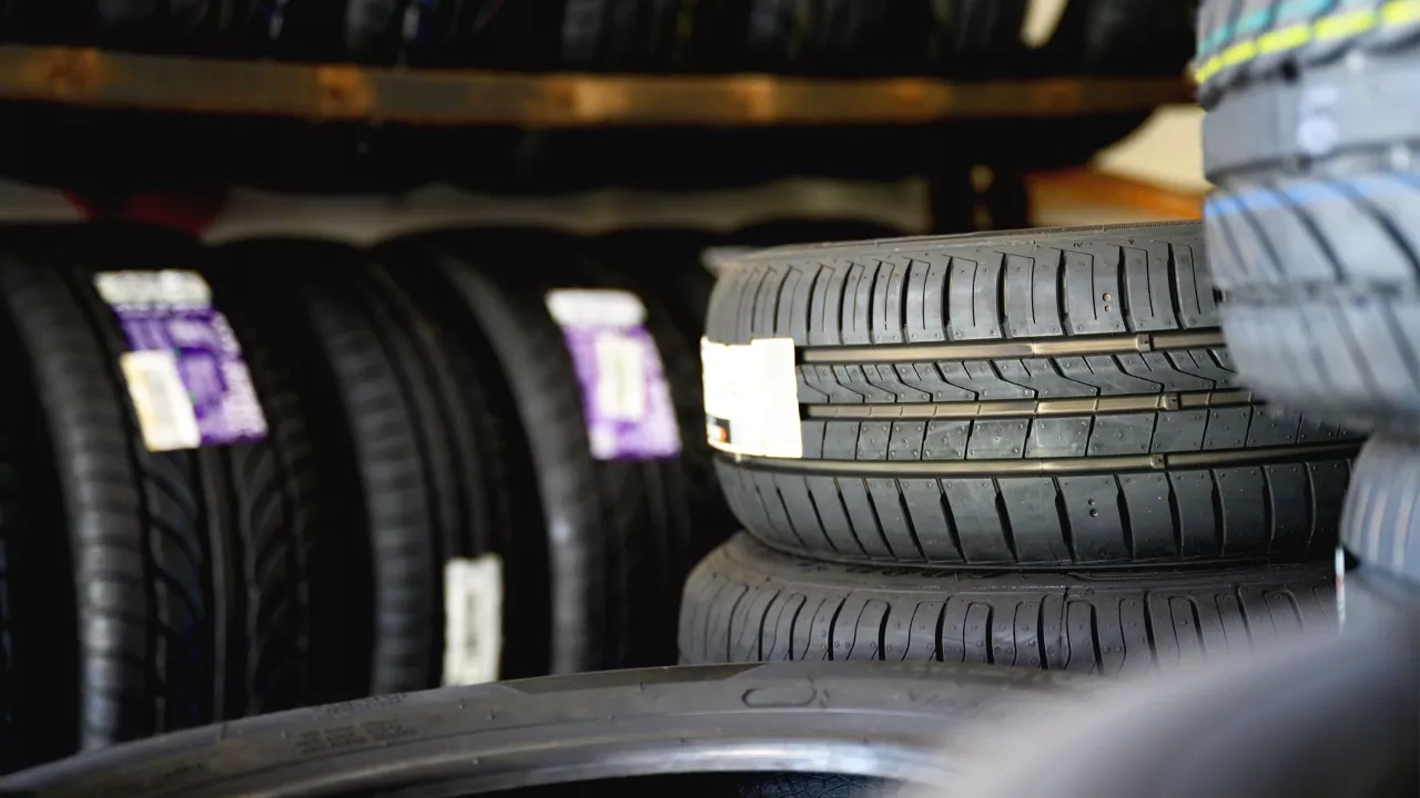 New tires with labels in shop