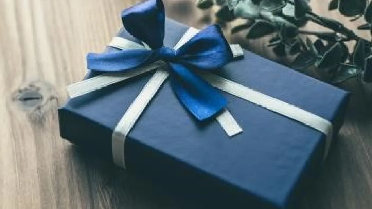 Blue wrapped gift with bow