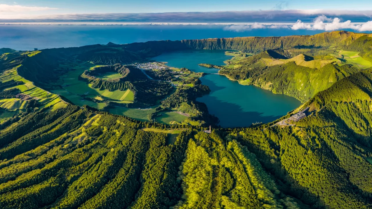 Aerial landscape shot of Sao Miguel, Azores, Portugal