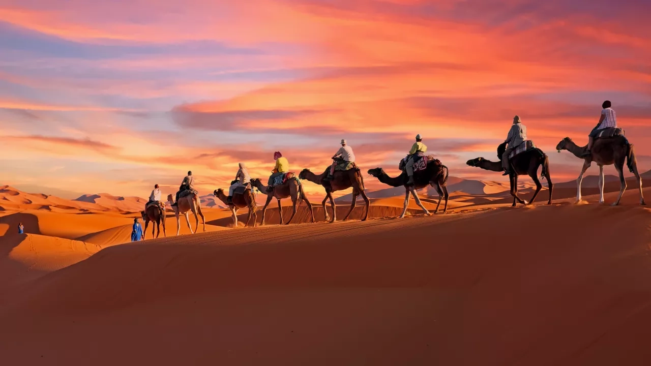 A group of tourists camel riding at sunset in the Agafay Desert, Morocco