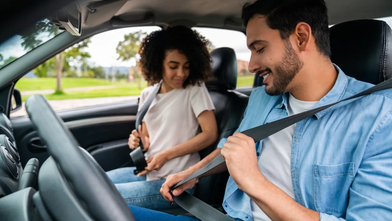 Couple in a car fastening their seat belts