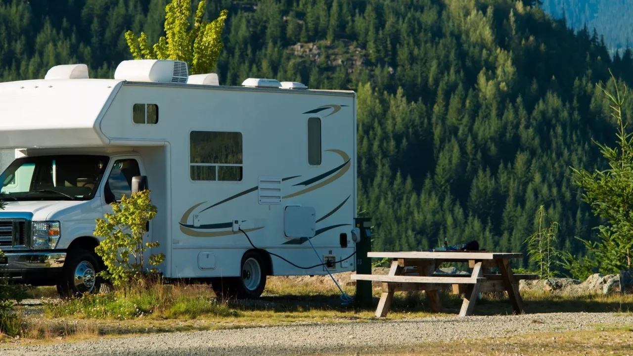 RV parked in forest