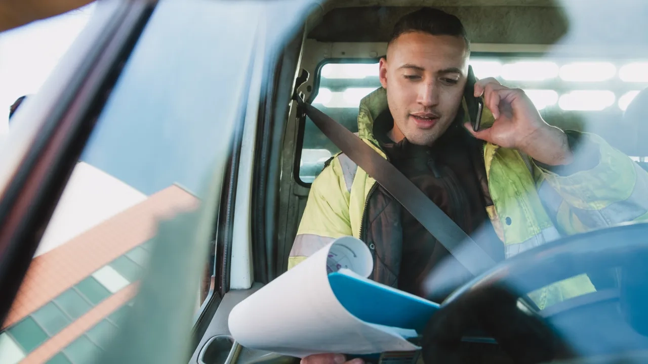 Mid-adult manual worker is sitting in his van, looking through paperwork while speaking to someone on the phone.