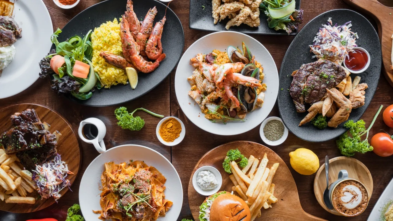 table top view of plates of food