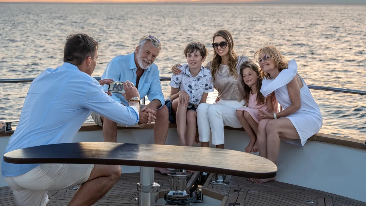 Man taking photo of happy multi-generation family with smartphone
