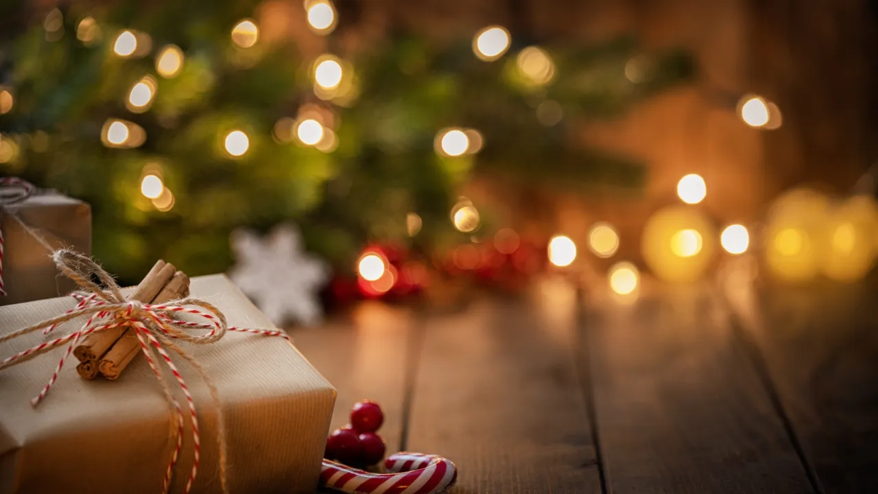 Nicely wrapped gift under a lit tree