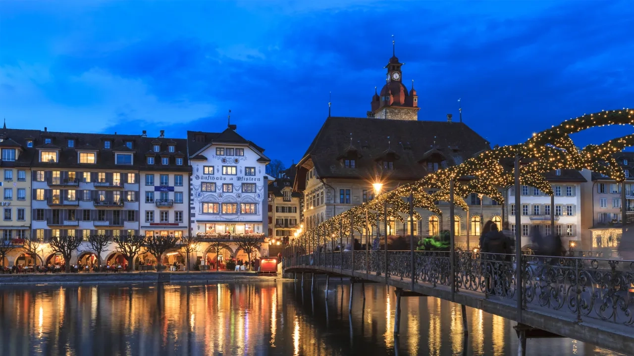 Christmas lights on a bridge in Lucerne, Switzerland