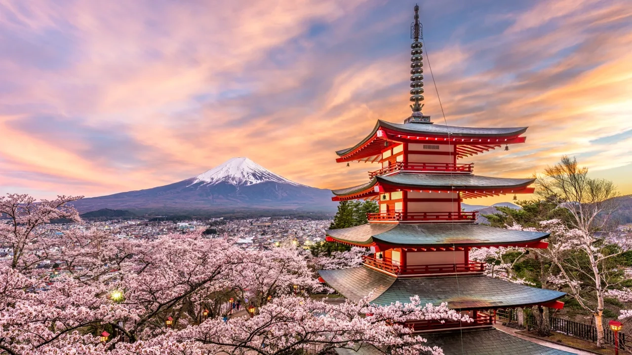Mount Fuji, Japan at sunset in the spring