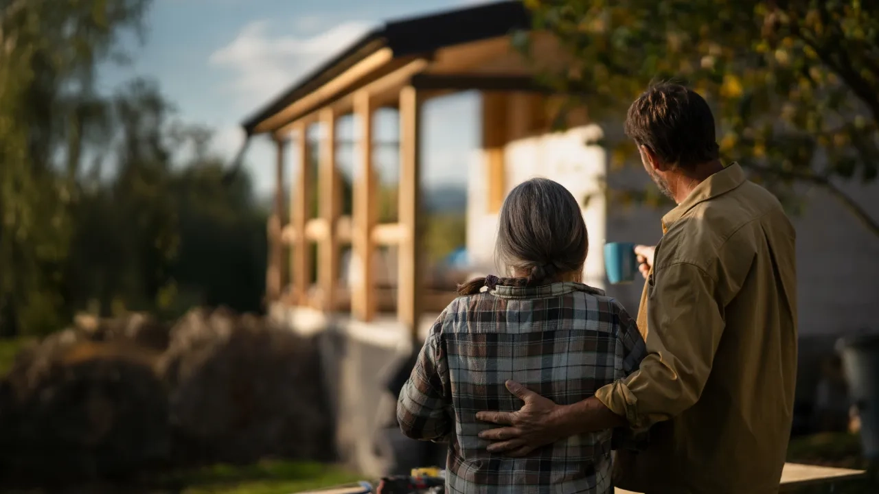 man and woman looking at home in distance
