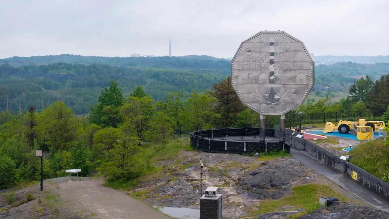 Aerial view of the Big Nickel monument in Sudbury