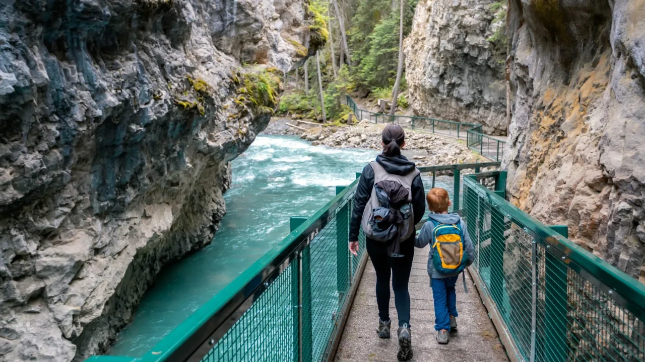 Mother and Son Hiking at Johnson Canyon in Banff National Park, Canada