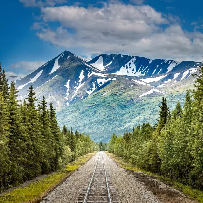 Railroad to Denali National Park, Alaska with impressive mountains