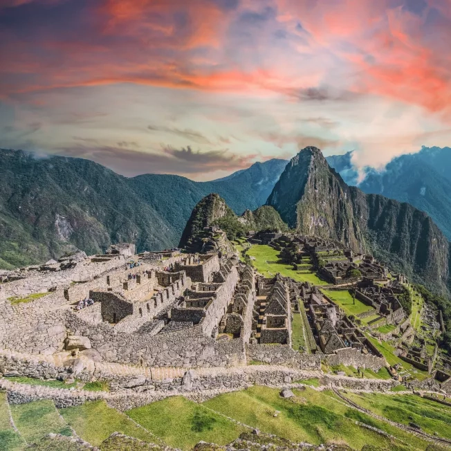 Sunset shot of the Machu Picchu Inca Ruins in Peru. 