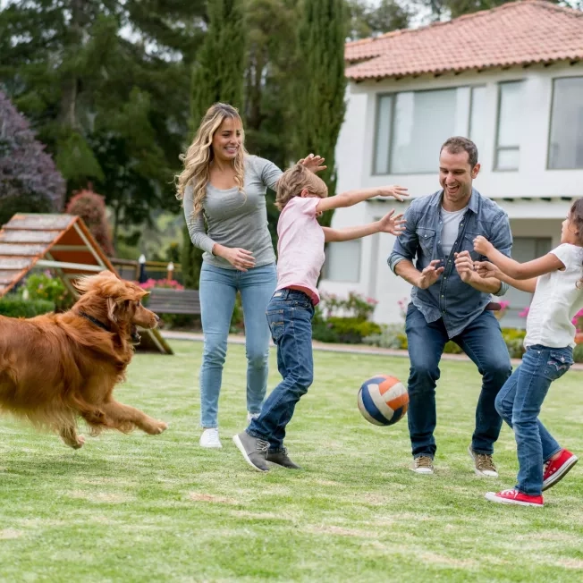 Happy family with dog playing at the park together