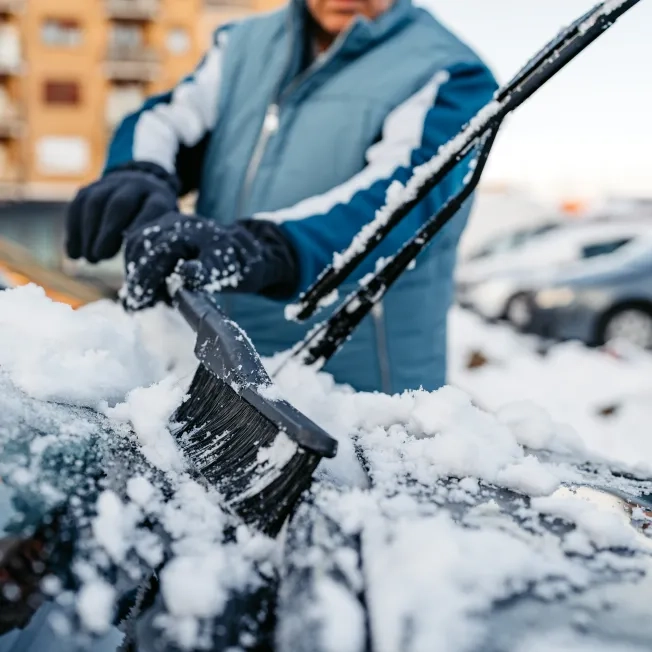 Senior Man Cleaning Snow Off His Car On The Parking Lot 