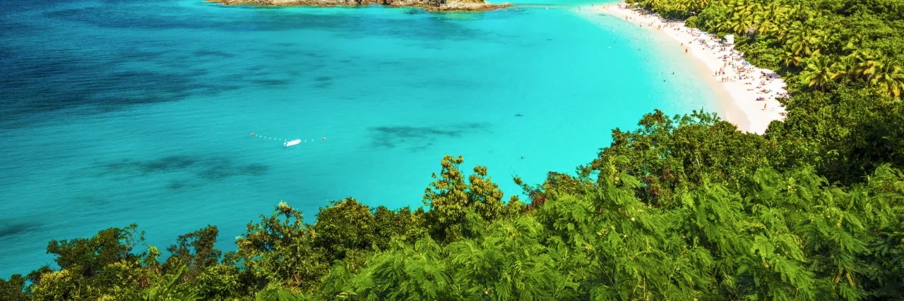 Caribbean coastline with a blue sky and lush forests