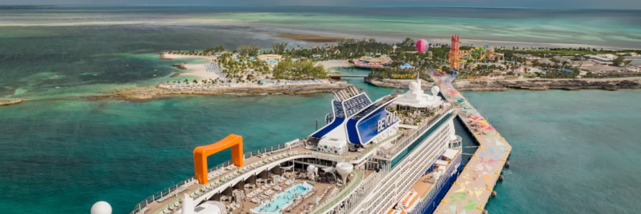 Aerial shot of a Celebrity Cruise ship docked at Perfect Day at Coco Cay