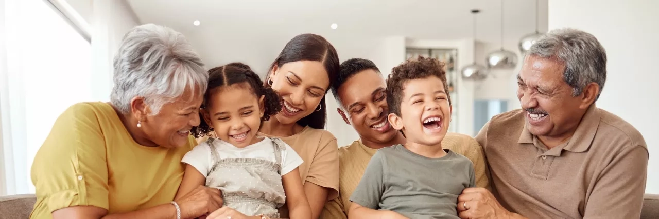 Happy big family with grandparents parents and kids spending quality time together