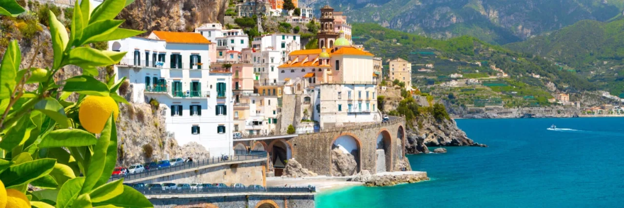 A seaside view of a European coastal community