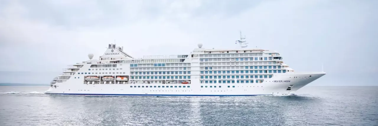 Exterior shot of Silversea's Silver Moon ship.