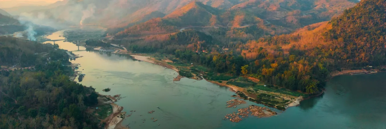 Aerial view of tranquil scene of Mekong river at sunset