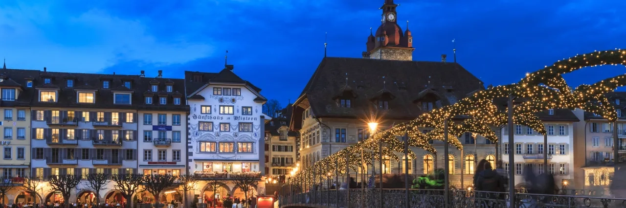 Christmas lights on a bridge in Lucerne, Switzerland