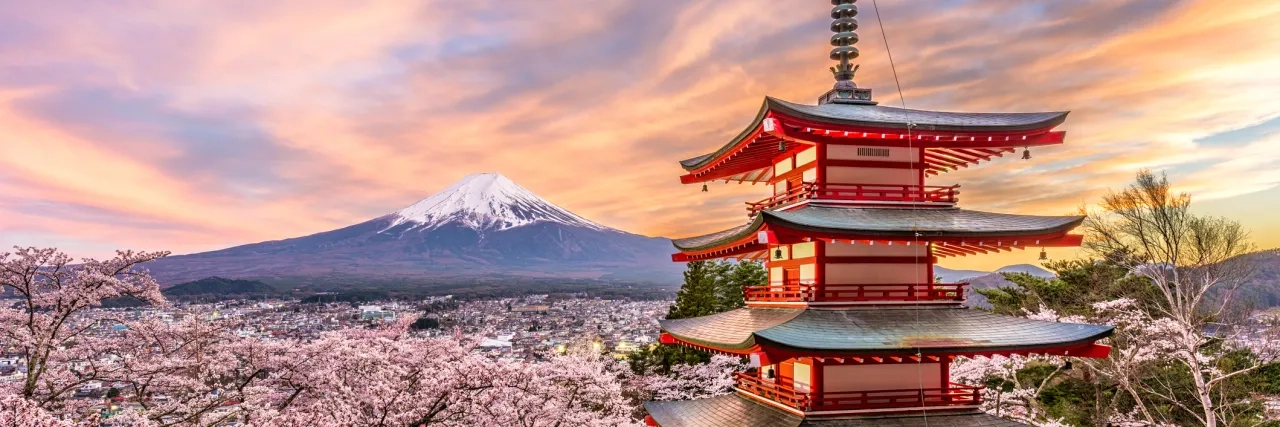 Mount Fuji, Japan at sunset in the spring