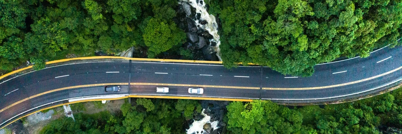 Aerial shot of a forest road in South America