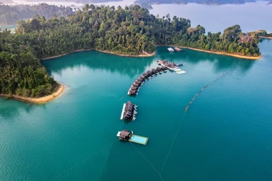 Aerial view of Khao Sok national park at sunrise, in Cheow lan lake, Surat Thani, Thailand