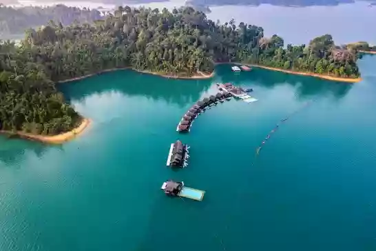 Aerial view of Khao Sok national park at sunrise, in Cheow lan lake, Surat Thani, Thailand