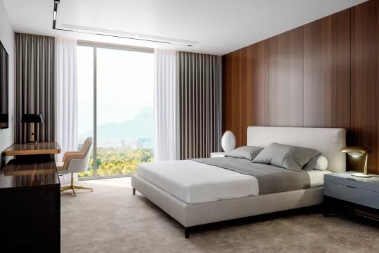 Modern hotel room with wood panel walls