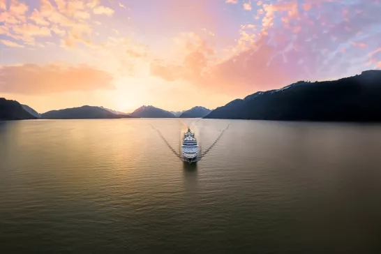 Holland America Line's Nieuw Amsterdam ship sailing through the sunset