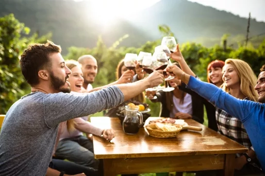 A group of people cheering their glasses while laughing in Tuscany, Italy.