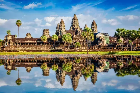 Angkor Wat, Cambodia, reflecting off the water.