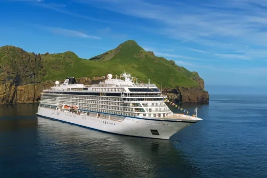 Viking cruise ship parked at a port in Iceland.