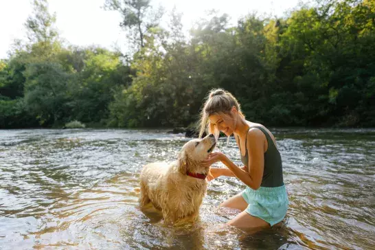 woman swimming with dog