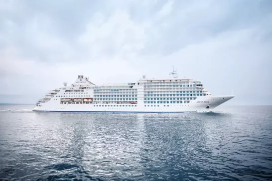 Exterior shot of Silversea's Silver Moon ship.