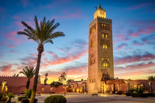 Koutoubia Mosque at sunrise in Marrakesh, Morocco