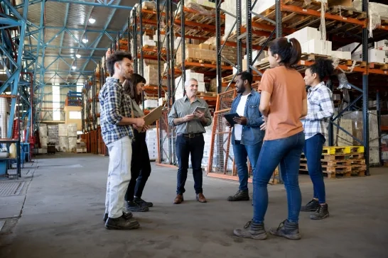 Business manager talking to a group of workers at a distribution warehouse