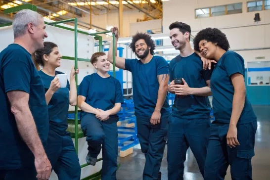 group of employees talking in warehouse