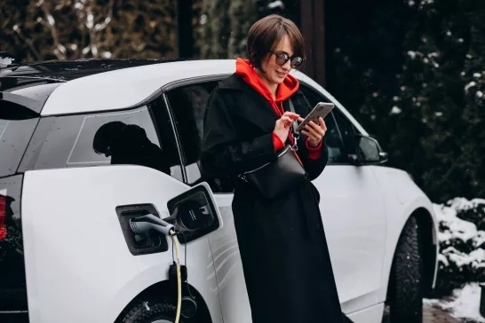 Woman charging ev and talking on the phone