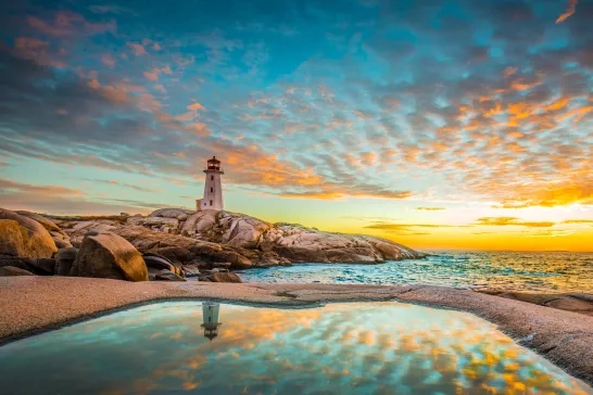 Peggy's cove lighthouse sunset ocean view landscape in Halifax, Nova Scotia