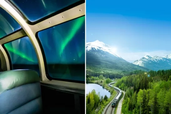 Inside train looking at northern light, and photo of train next to rocky mountains