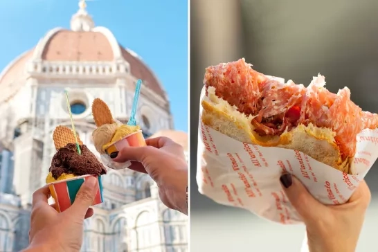 food in Florence (split image of gelato and sandwich)