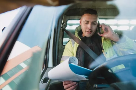 Mid-adult manual worker is sitting in his van, looking through paperwork while speaking to someone on the phone.