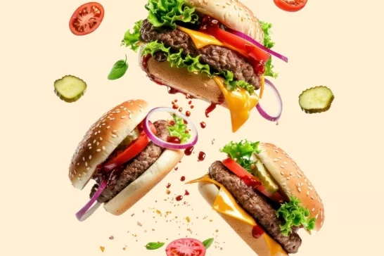 Floating hamburgers and toppings